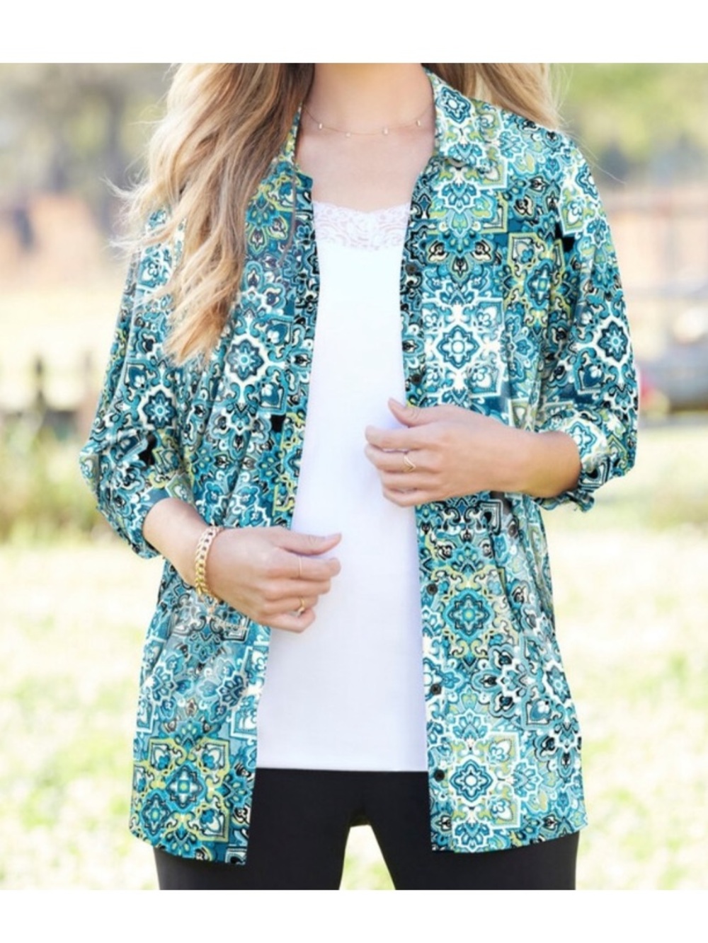 Catherines Timeless Blouse Deep Teal Tile Paisley Blue Green Button Up Shirt 2X - Picture 10 of 10